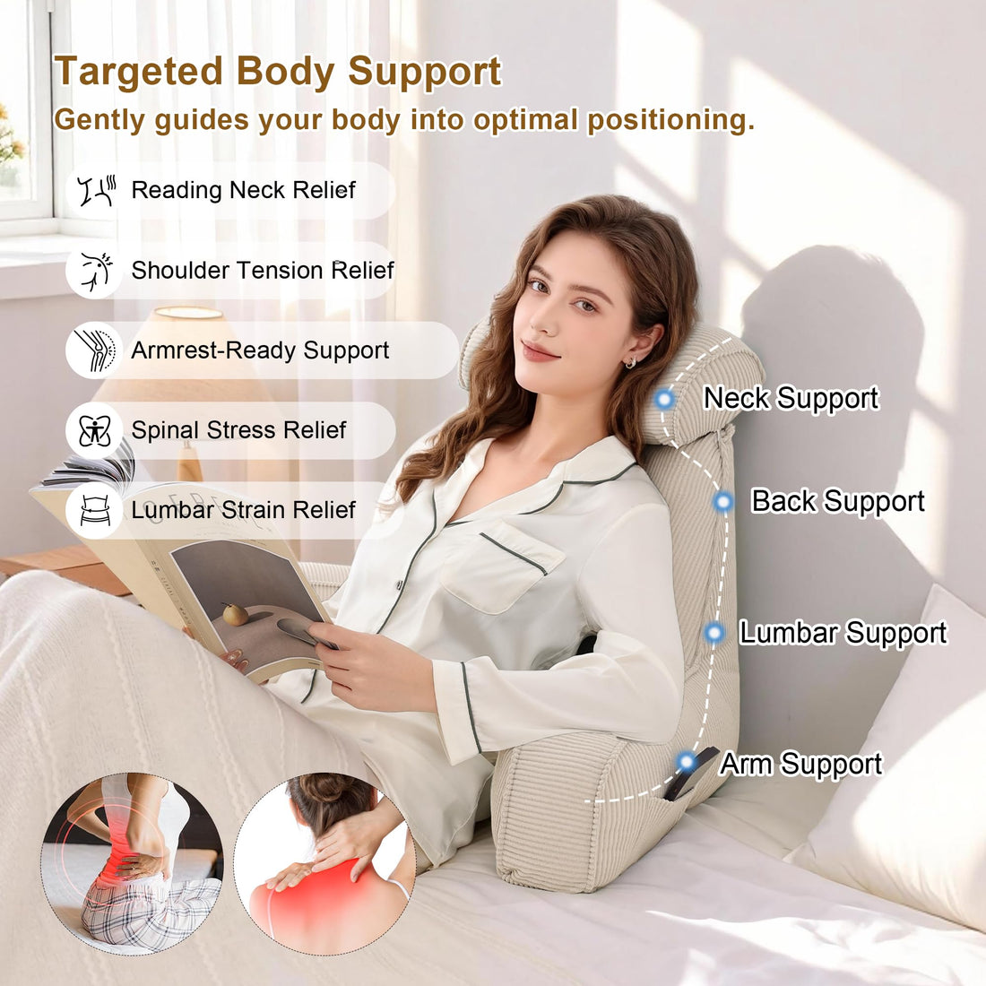 Corduroy Reading Pillow with Arms, Side Pocket & Detachable Headrest