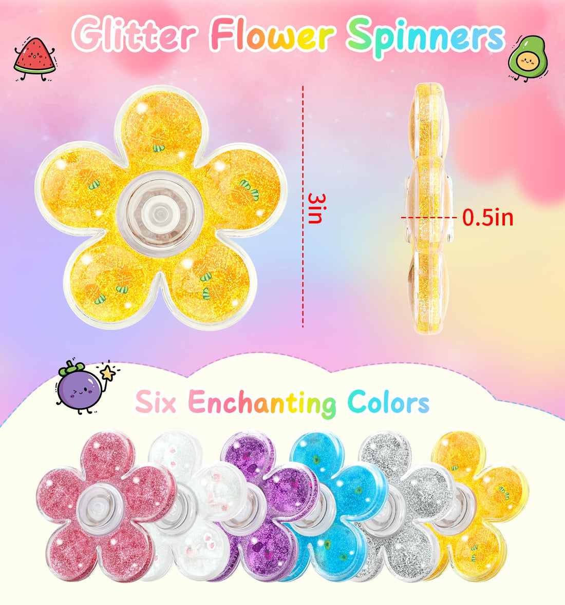 6-Pack Glitter Liquid Fidget Spinners with Flowing Visual Effects