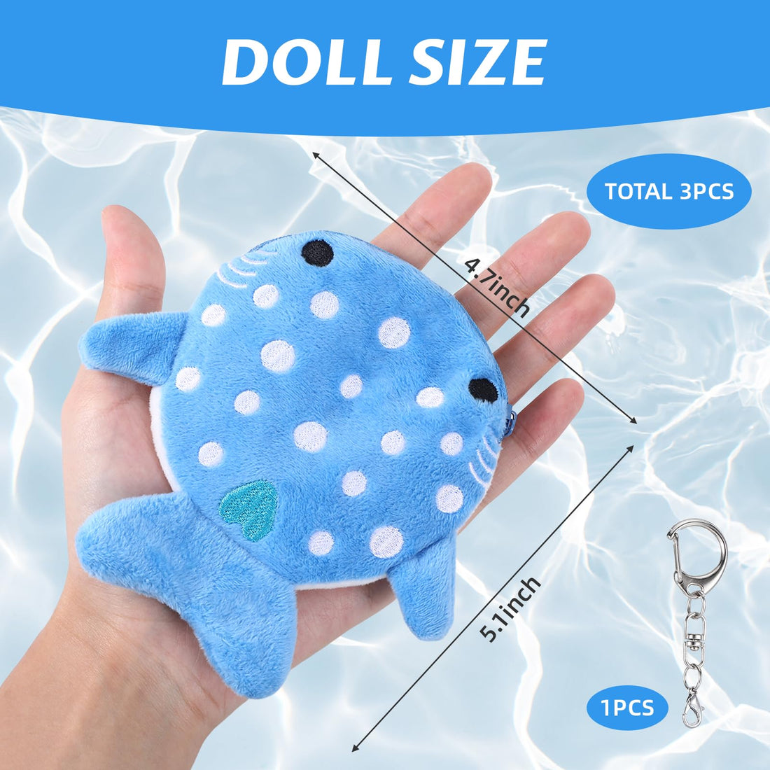 3-Pack Whale Shark Coin Purse with Keychain – Embroidered Marine Design